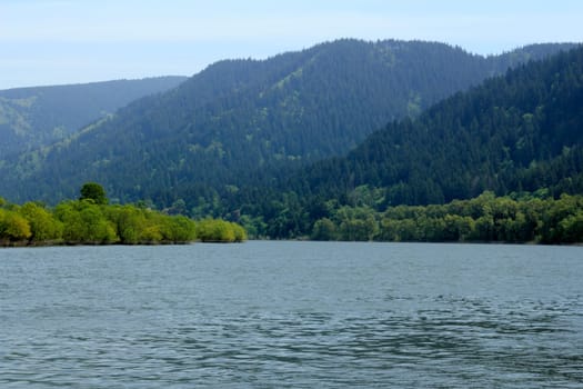 Peaceful and sunny spring day along the Columbia River Gorge in Oregon.