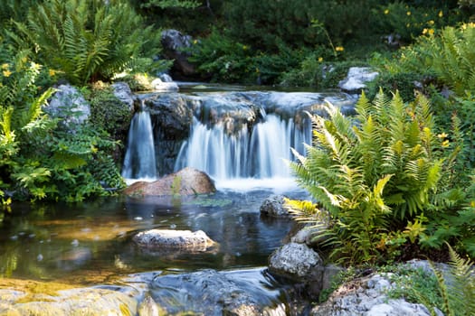 Japanese garden with waterfall,free time in beautiful nature