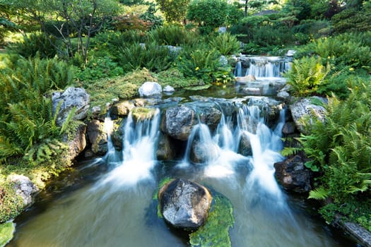 Japanese garden with waterfall,free time in beautiful nature