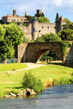 View of fortress Carcassonne (France, Languedoc), river Aude and Old bridge