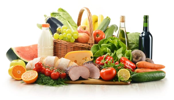 Composition with variety of grocery products including vegetable, fruits, meat, dairy and wine