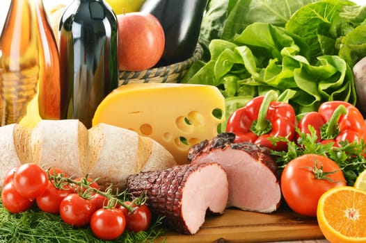 Composition with variety of grocery products including vegetable, fruits, meat, dairy and wine