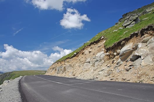 Road construction on the mountain, summer view