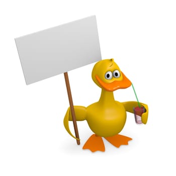 Funny duck with cocktail holding a blank sign