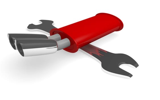 Muffler with wrench,3d illustration