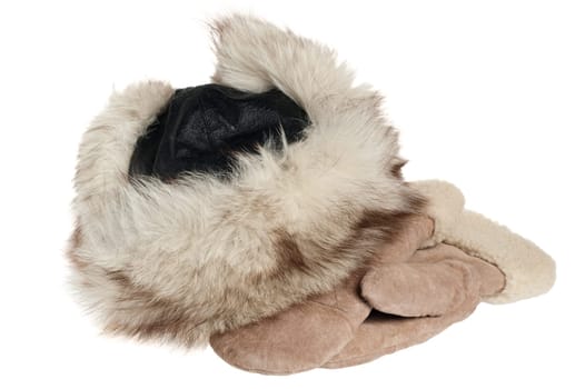 women's winter fur hat and mittens, isolated on white