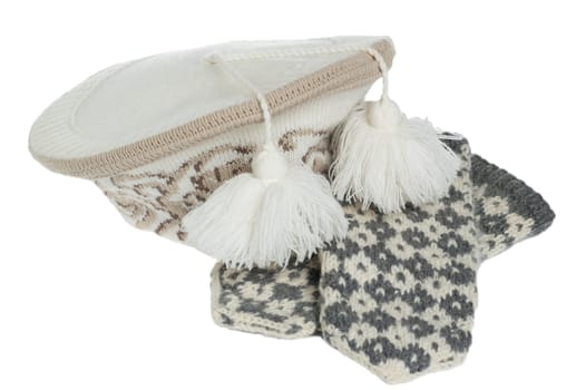 knitted winter hat and mittens, isolated on white