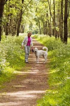 The woman walks with a dog in a wood