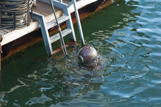 The diver plunges under water