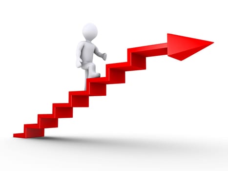3d person climbing red stairs with arrow