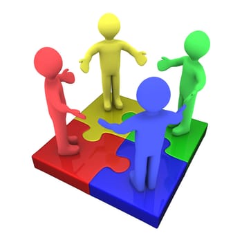 Four 3d colored peolpe on top of puzzle pieces make a puzzle