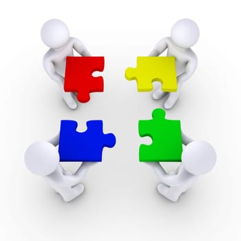 Four 3d people holding puzzle pieces