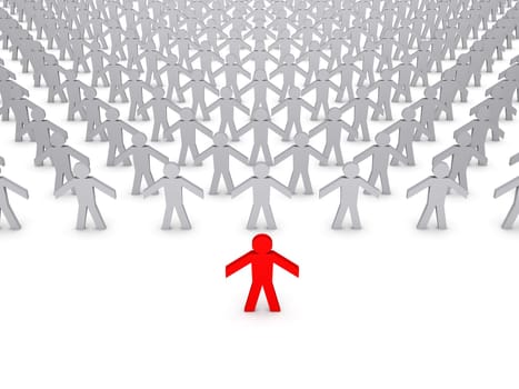 Red figure in front of many gey ones
