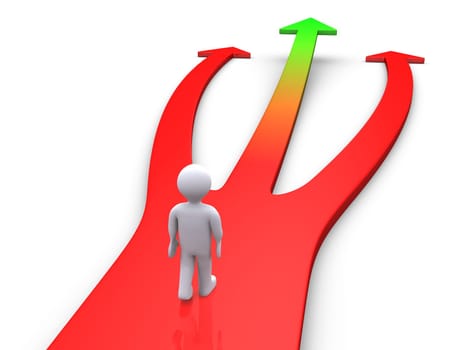 3d person on a three-way road with one way going up