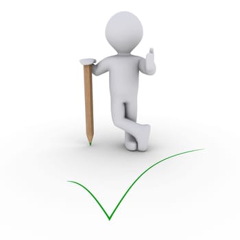 3d person leaning on a pencil behind a green check mark