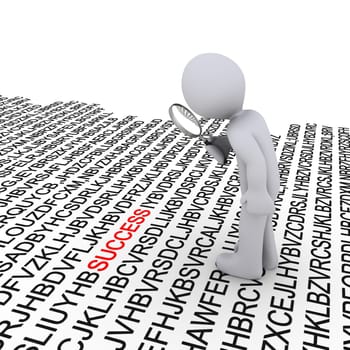 3d person with magnifier looking for success among letters