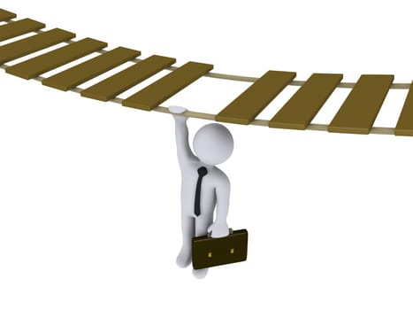 3d businessman is hanging from a suspended bridge