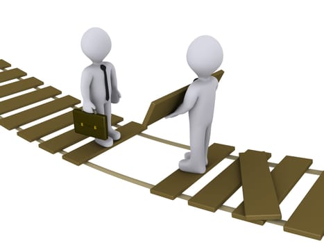 3d businessman is helping another to cross a damaged bridge