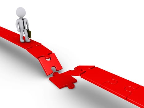 3d businessman walking on red damaged puzzle road