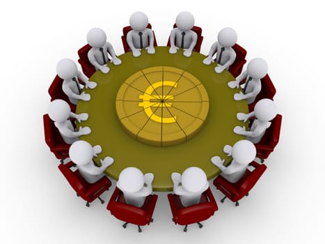 3d businessmen sitting around a table that has a euro pie on it