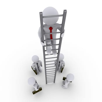 3d businessman is high on ladder and others looking up at him