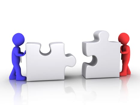 Two different 3d businessmen are pushing puzzle pieces