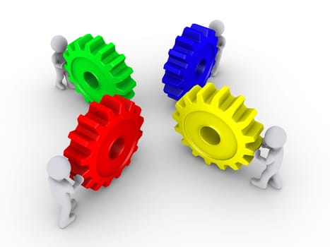 Four 3d people pushing different colored cogwheels