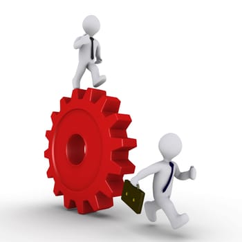 Person with tie on a cogwheel is chasing businessman