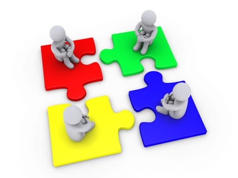 Four 3d people sitting on different puzzle pieces