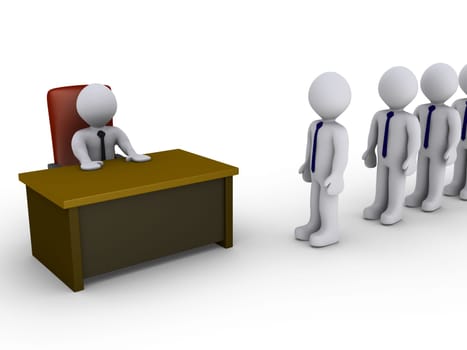 3d people in line wait to be interviewed by person behind a desk