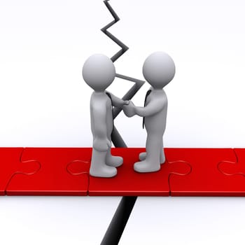 Two 3d businessmen shake hands on puzzle bridge over crack