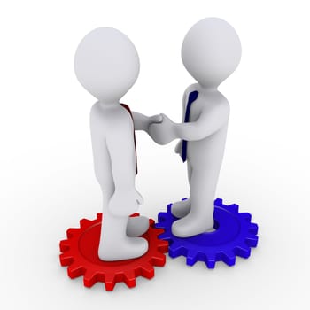 Two 3d businessmen shake hands on different cogwheels