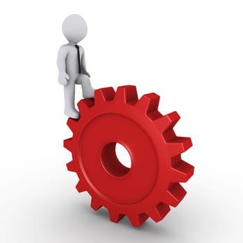3d person climbing on a red cogwheel