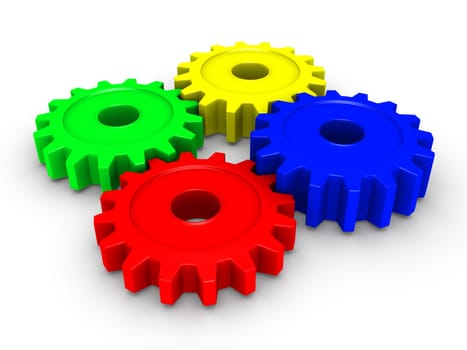 Four 3d colored cogwheels
