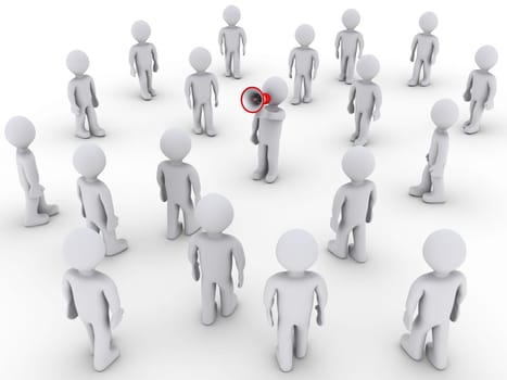 3d person with megaphone and others walking towards him