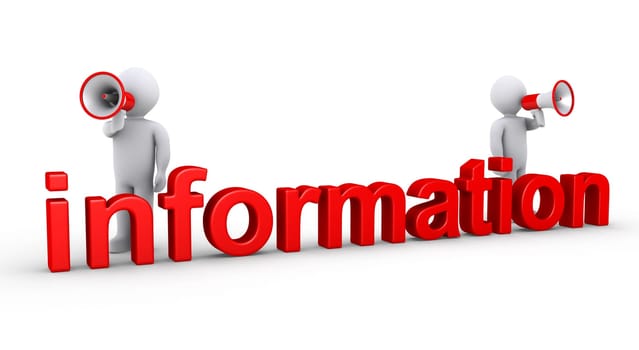 Two 3d persons with megaphones are behind information word