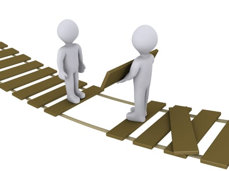 3d person on suspended bridge is helping another to cross