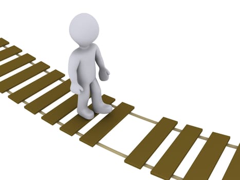 3d person walking on a damaged suspension bridge