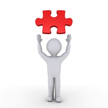 3d person showing a red puzzle piece above him