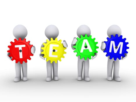 Four 3d people holding cogwheels that spell the word TEAM