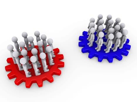 Many 3d people as two teams on colored cogwheels