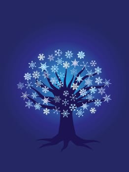 Christmas Winter Tree with Snowflakes Night Scene Illustration on Blue Background