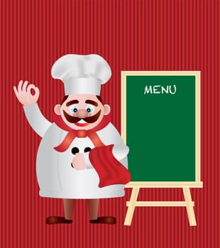 Chef with Menu Sign Chalkboard on Red Stripes Background Illustration