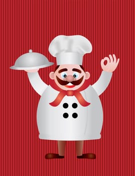 Chef with Tray on Red Stripes Background Illustration