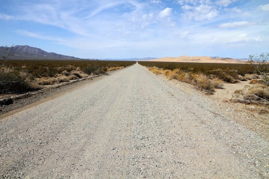 Long desert highway leading into Mojave Desert, California, USA