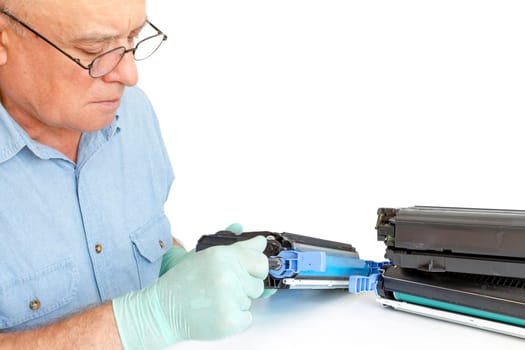 worker Laser printer on a workbench. Printer workshop