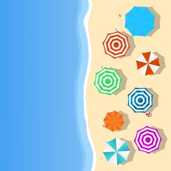 Aerial view of a summer beach with colored umbrellas and toys, slippers and room for your text