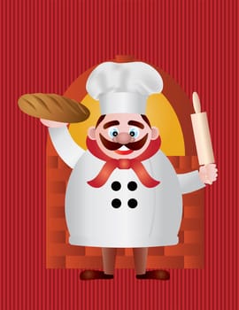 Baker Chef with Bread and Rolling Pin by Brick Oven on Red Stripes Background Illustration