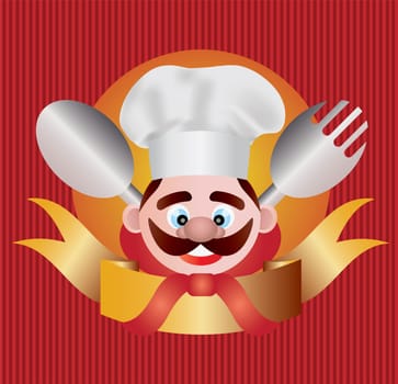 Chef with Banner Fork Spoon on Red Stripes Background Illustration