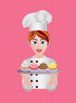 Woman Pastry Chef with Cupcakes Illustration